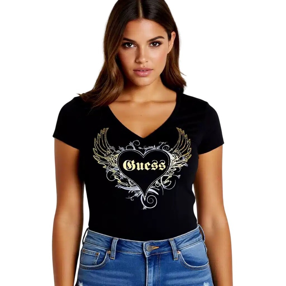 Guess Womens Black Heart Angel Wings Graphic V-Neck T-Shirt Size M NWT